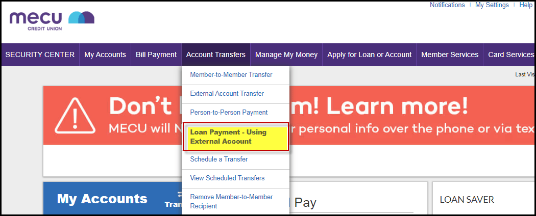 Loan payment using external account